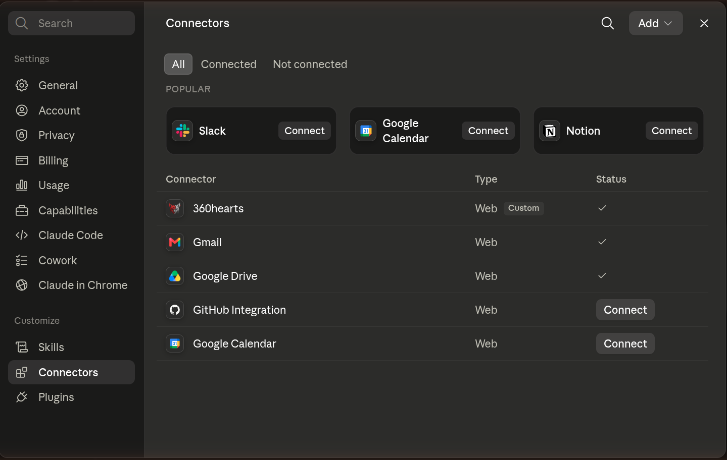 L'écran Connectors de claude.ai, montrant la liste où un nouveau connecteur personnalisé apparaîtra