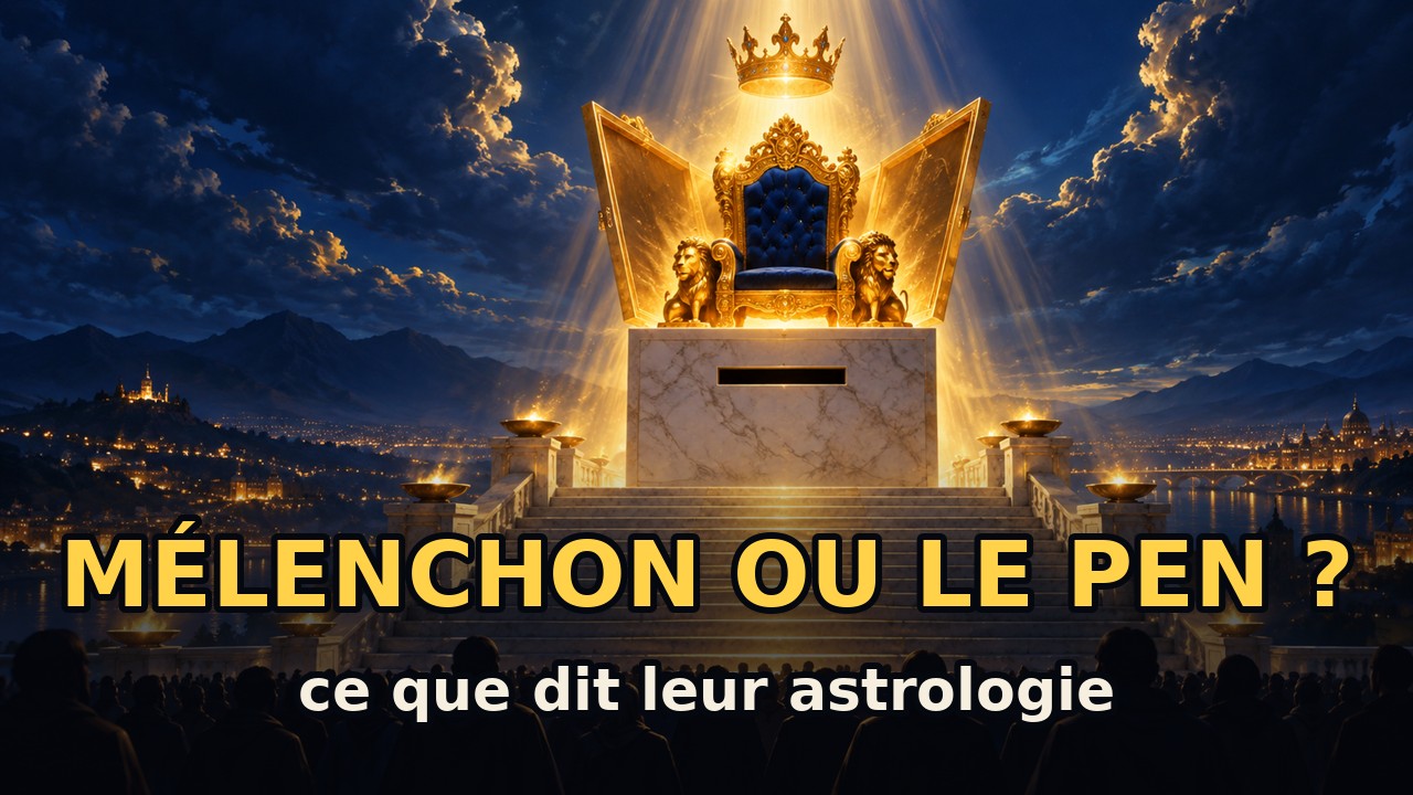 Un trône doré sous une couronne, au sommet d'un escalier de marbre, devant une foule de silhouettes : Mélenchon ou Le Pen ? Ce que dit leur astrologie.