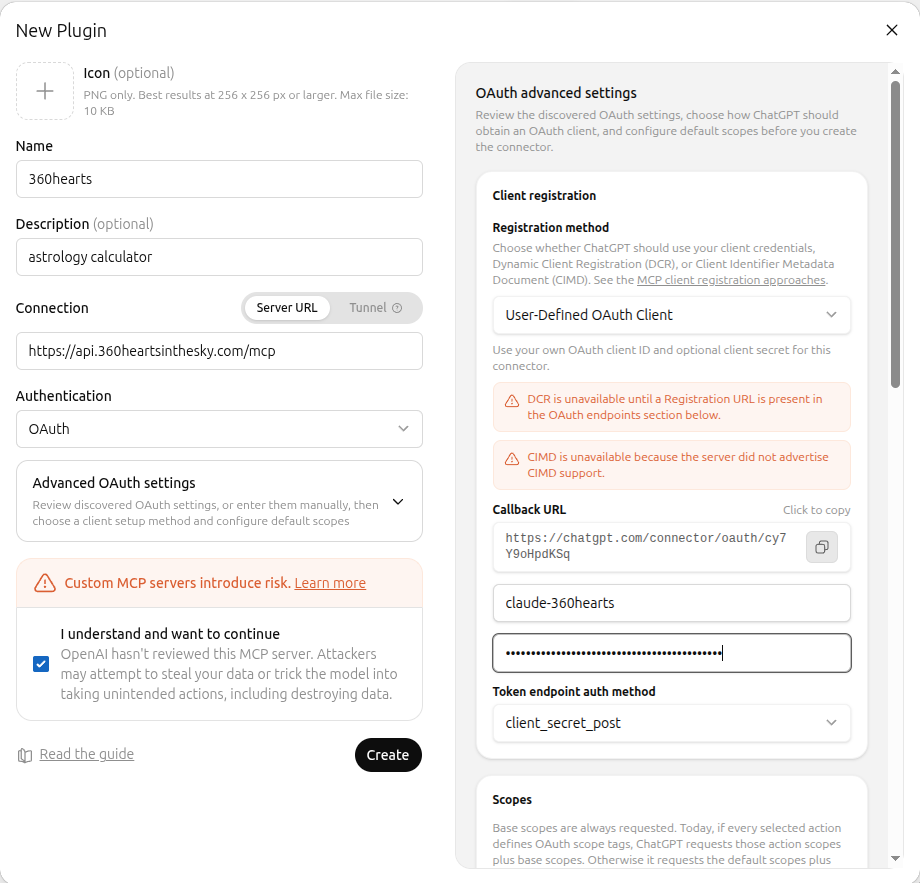 The New Plugin form: the Name, the Description, the Server URL field, the Authentication dropdown set to OAuth, and on the right the Advanced OAuth settings panel with the Registration method dropdown, the risk acknowledgement checkbox and the Create button