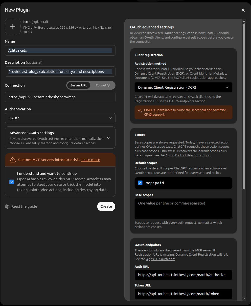The New Plugin form with the name "Aditya calc", the Server URL field filled in, Authentication on OAuth, and the Advanced OAuth settings panel showing "Dynamic Client Registration (DCR)" selected, the mcp scope checked and the auto-discovered Auth and Token URLs