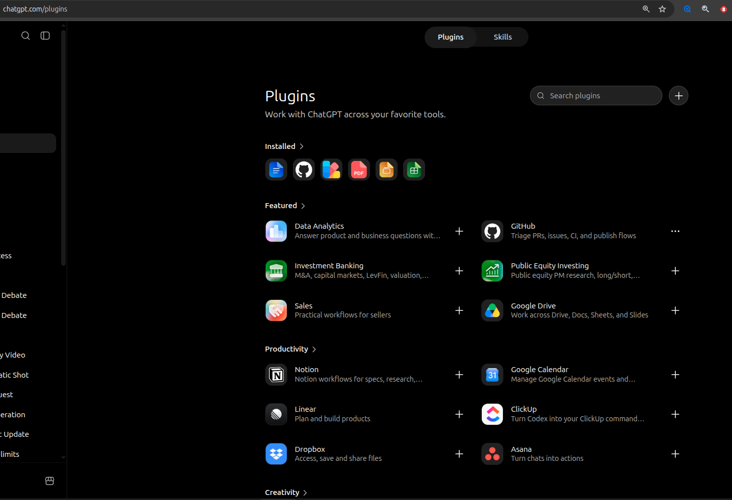 The chatgpt.com/plugins page, with the search bar and the + button