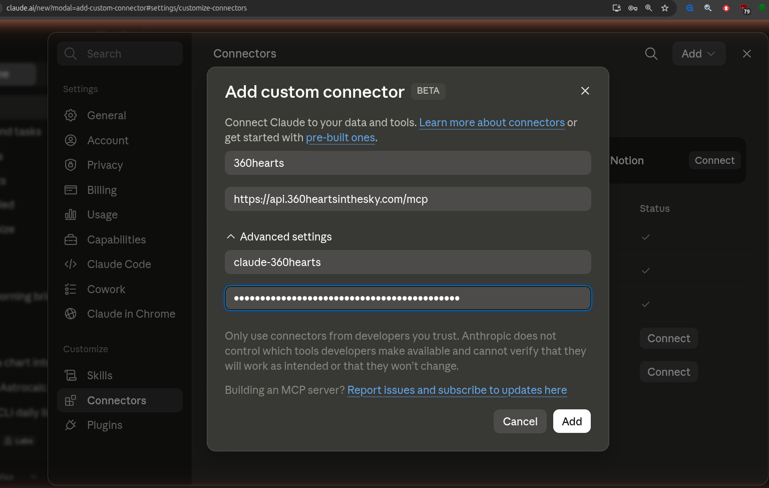 The Add custom connector window, filled in with a name and URL, and Advanced settings open showing the Client ID and Client Secret fields