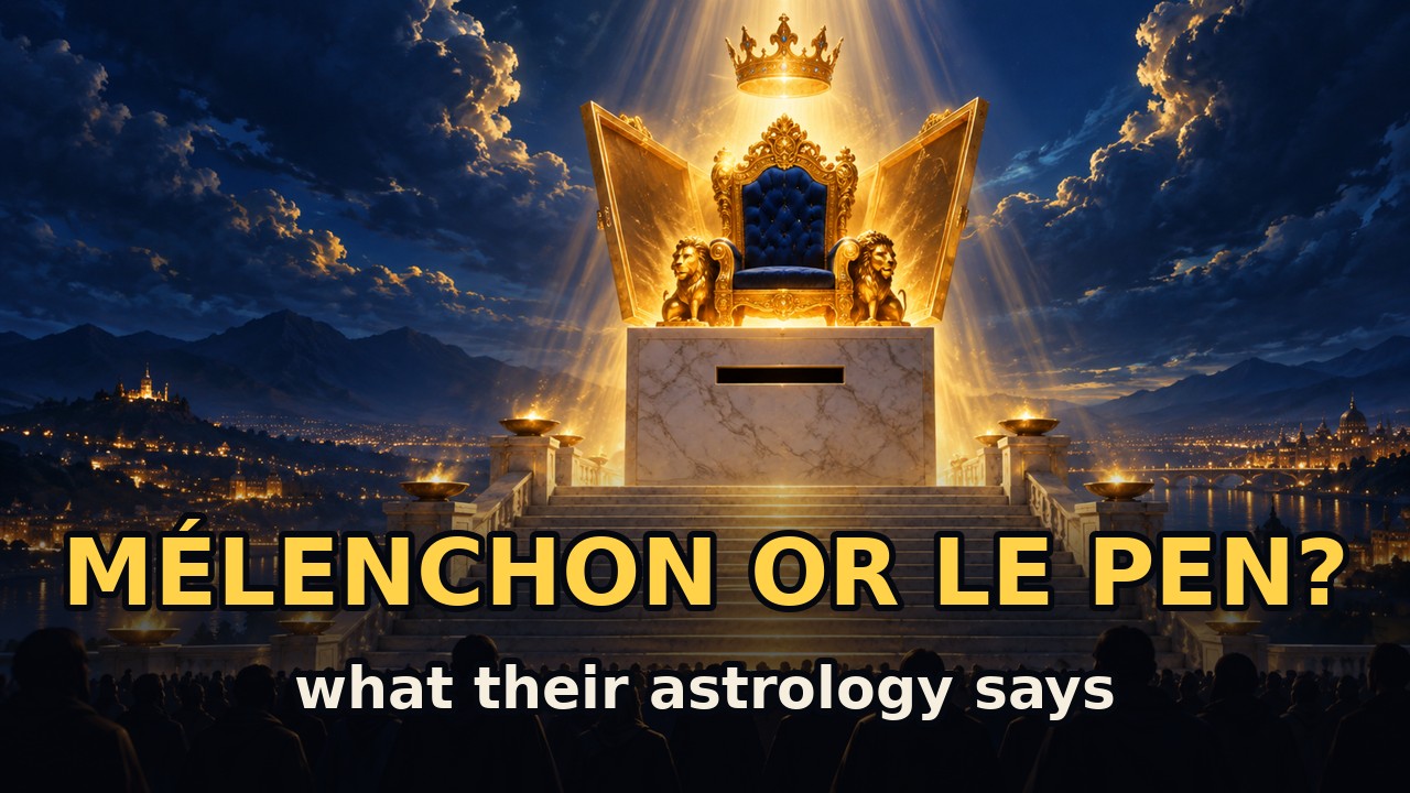 A golden throne beneath a crown, at the top of a marble staircase, before a crowd of silhouettes: Mélenchon or Le Pen? What their astrology says.