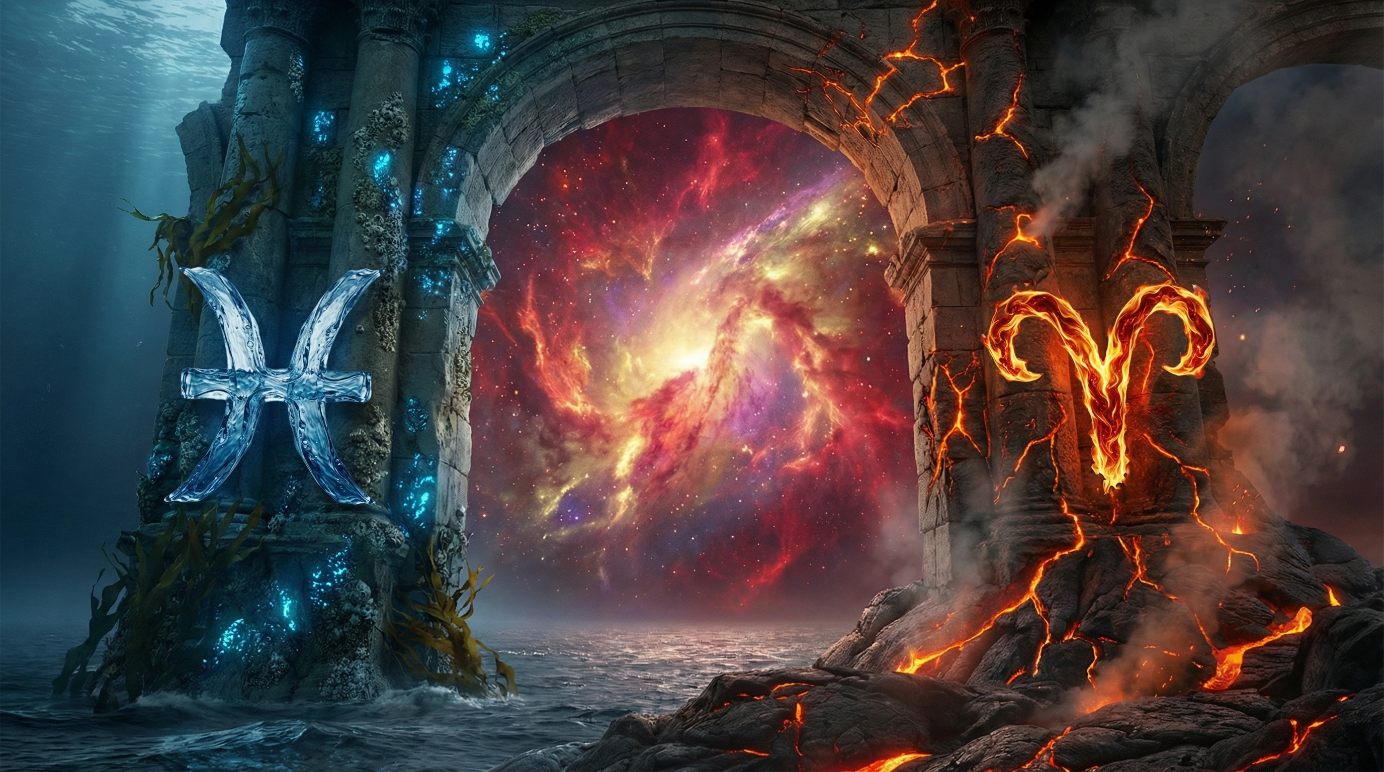 Pisces to Aries — The Ancient Gate: where ocean depths meet volcanic fire, two zodiac symbols frame a gateway between elements