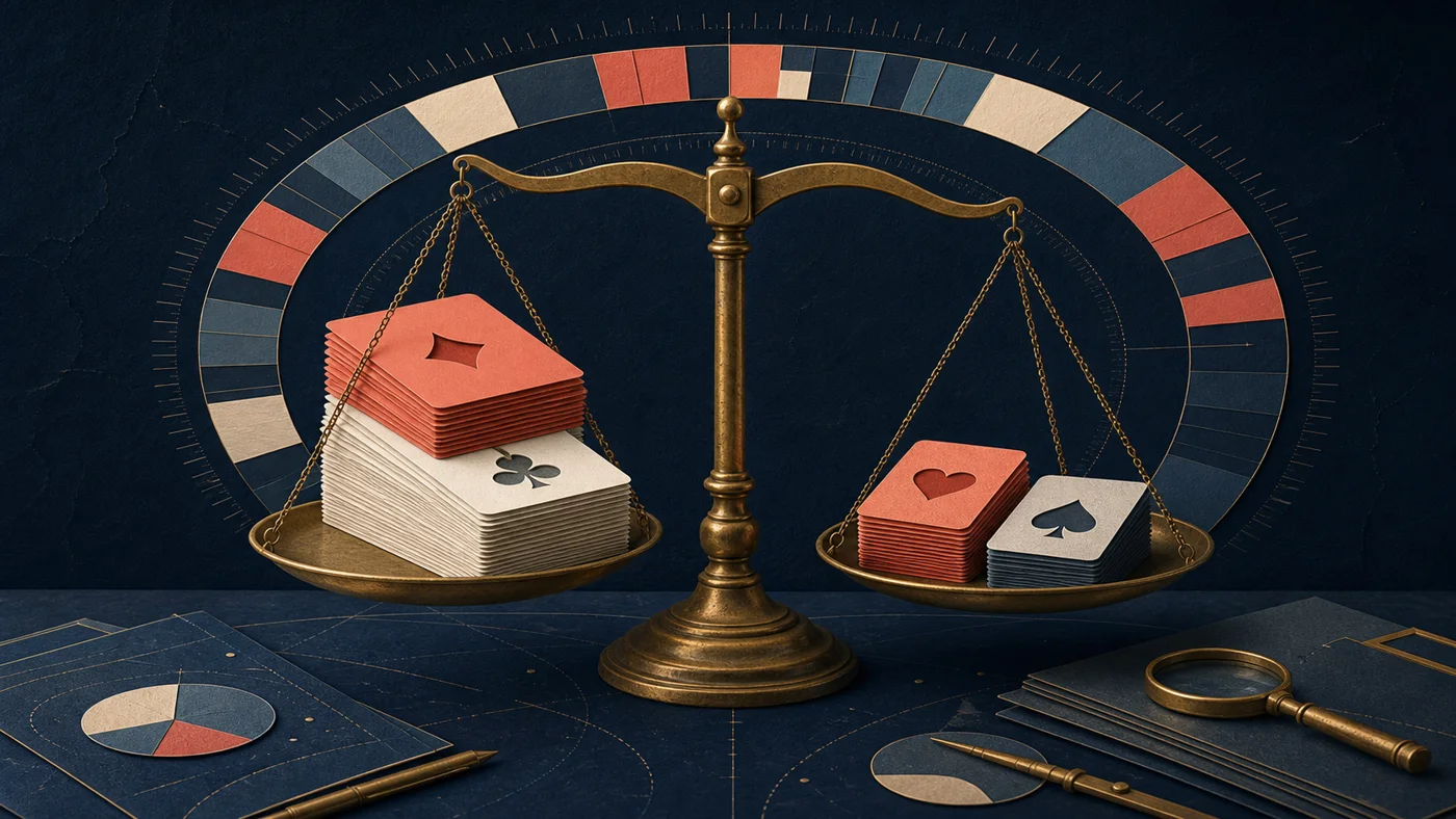 A balance scale shows the unequal distribution of suits across the birth-card calendar