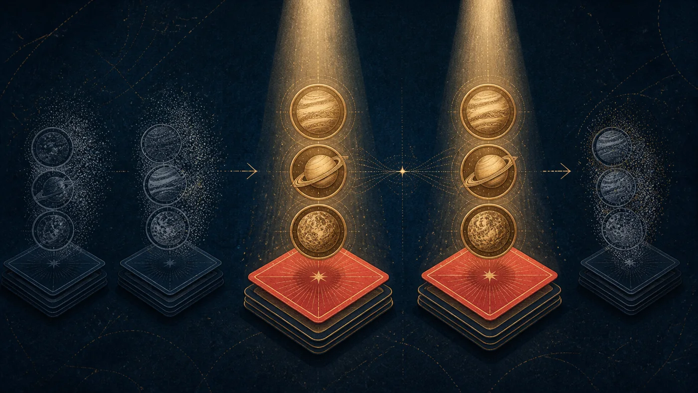 Two independent samples each illuminate three planets stacked on a Diamond