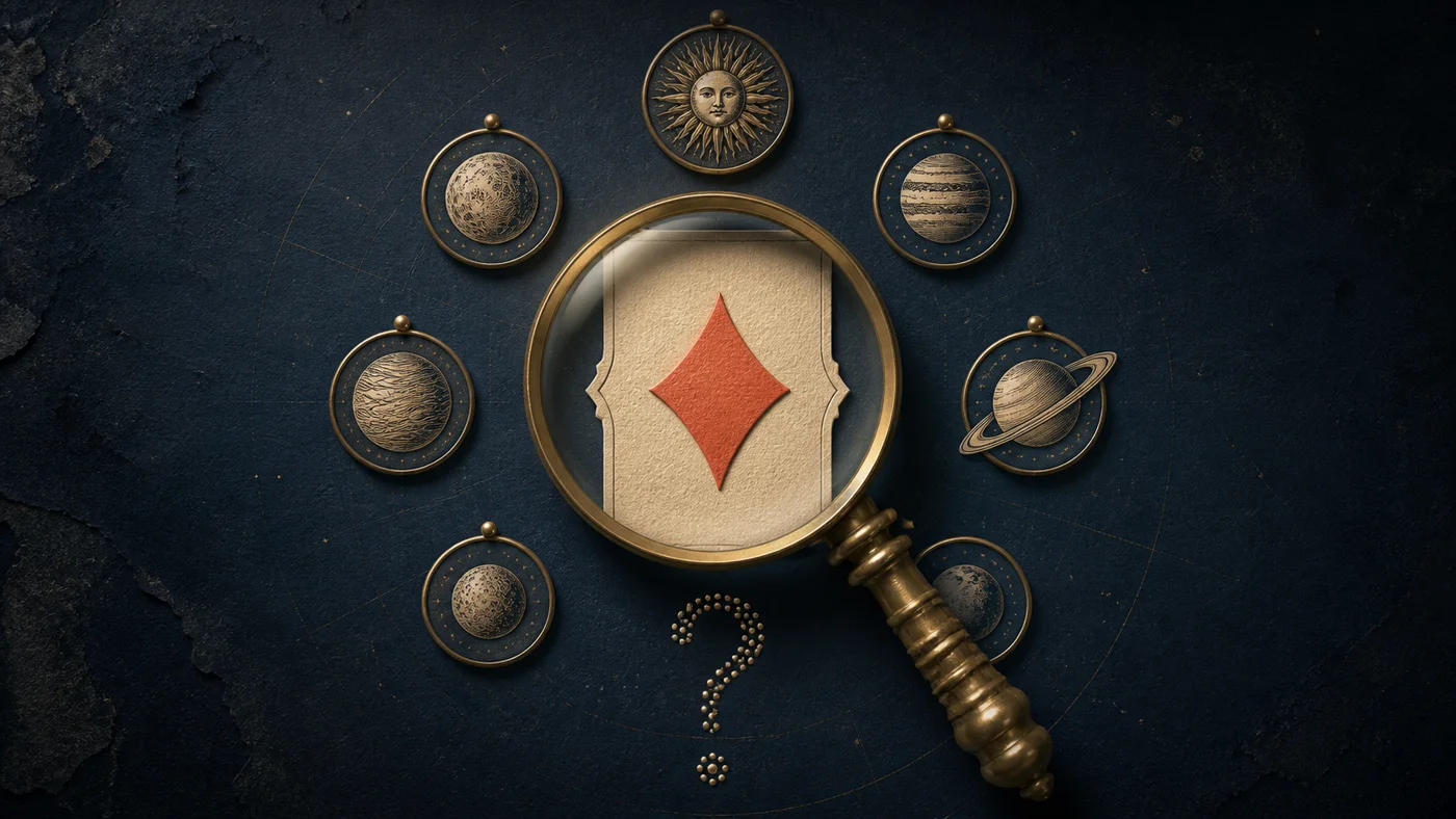 A Diamond examined through a magnifying glass among seven planetary medallions, illustrating the research question