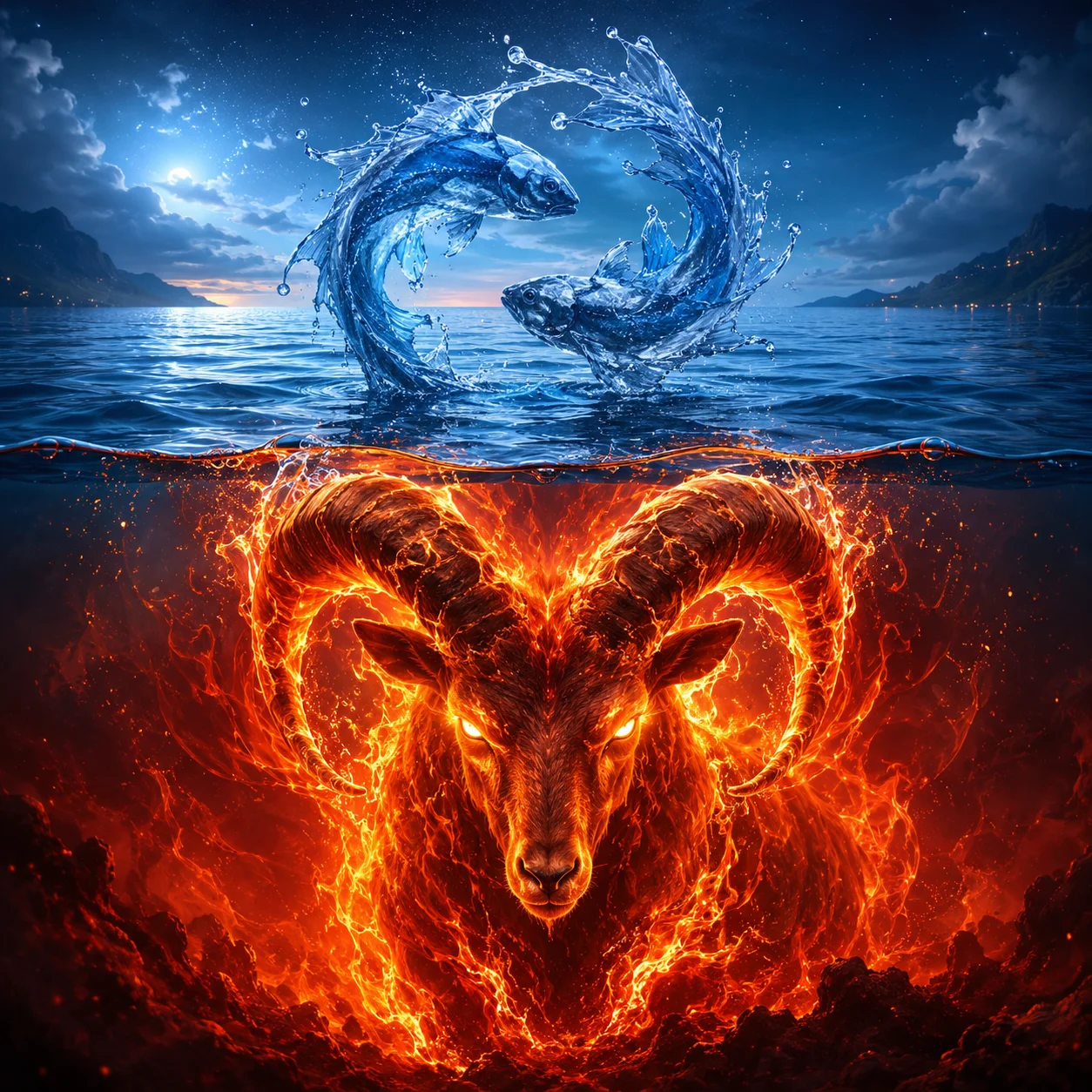 Water fish above, fire ram below