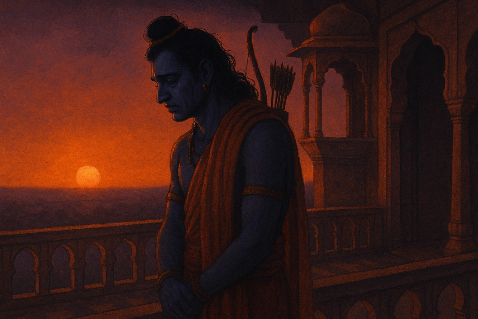 Lord Rama stands alone, filled with sorrow, as he watches the sunset after sacrificing his beloved Sita.
