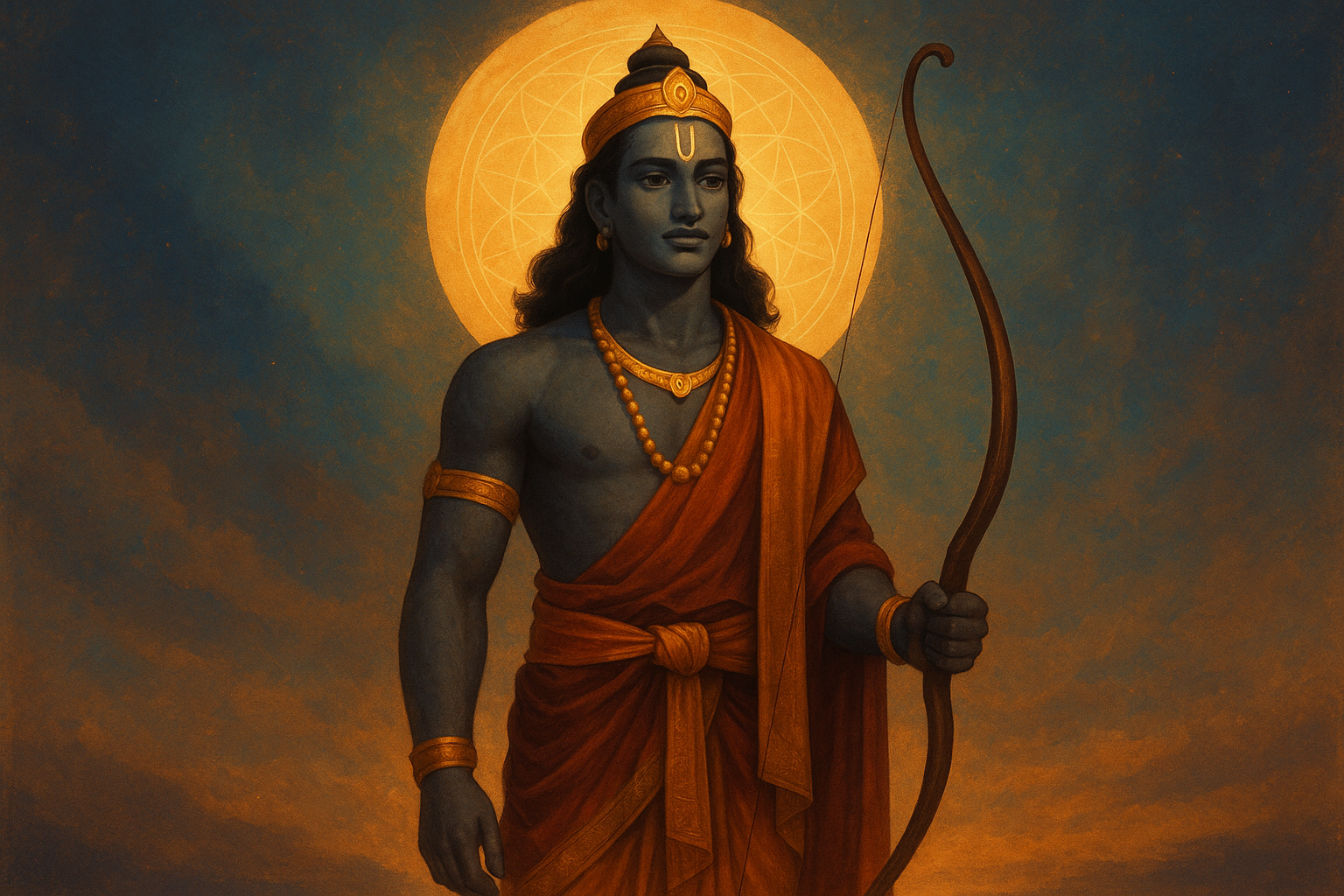 Seigneur Rama, avatara du Soleil, se tenant noblement devant un soleil doré radieux.