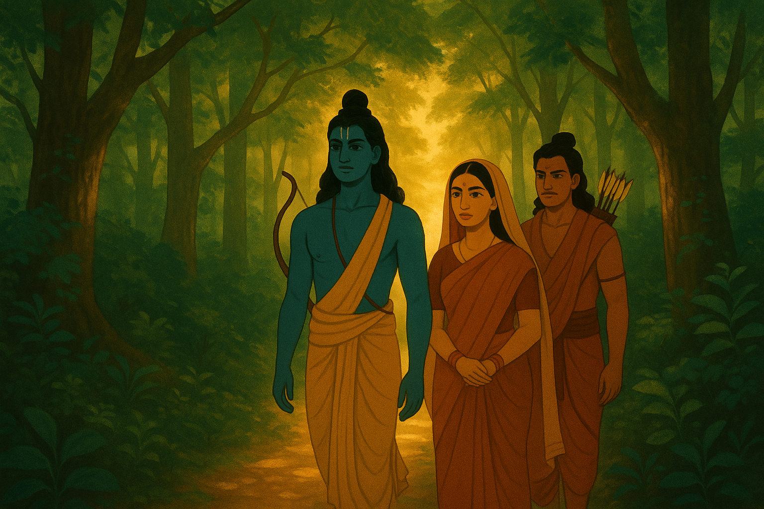 Rama, Sita, et Lakshman marchant dans la forêt pour leur exil de quatorze ans.