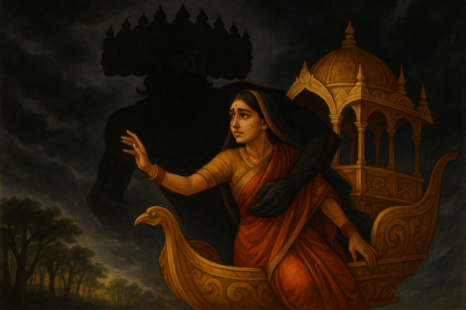 Le titan Ravana enlevant Sita sur son chariot volant sous un ciel orageux.