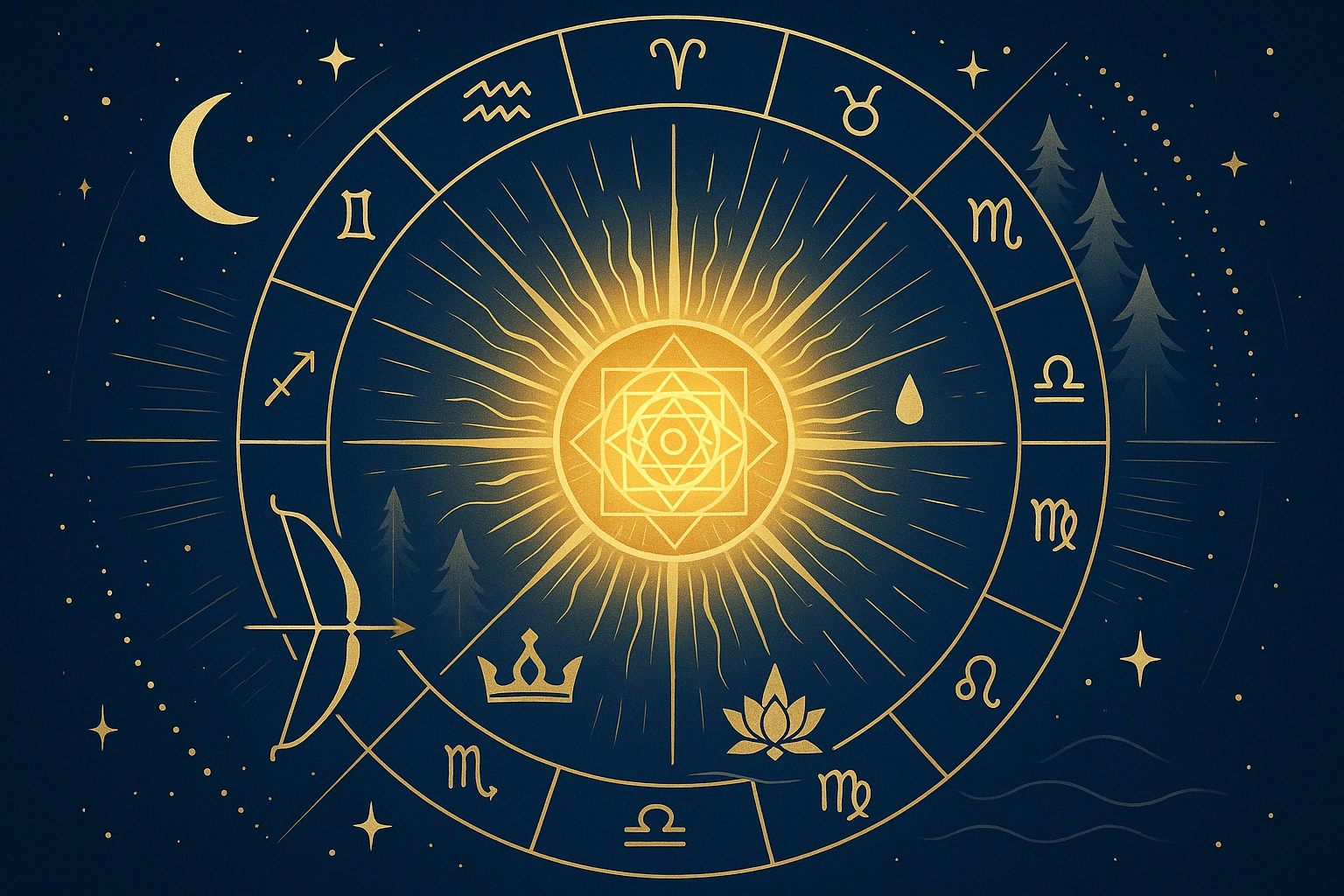 A symbolic image of the Sun with astrological patterns and icons from Lord Rama's life.