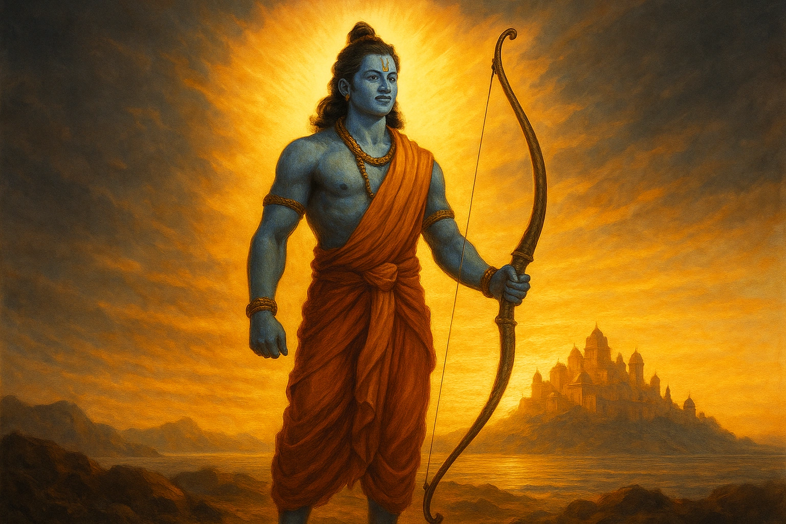 Lord Rama stands victorious as dawn breaks, symbolizing the triumph of light over darkness.